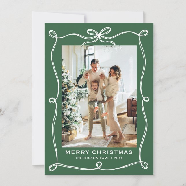 Festive Christmas Sage Green Bow Ribbon 3 Photo Holiday Card (Front)