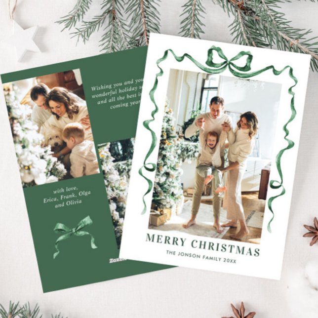 Festive Christmas Sage Green Bow Ribbon 3 Photo Holiday Card (Creator Uploaded)