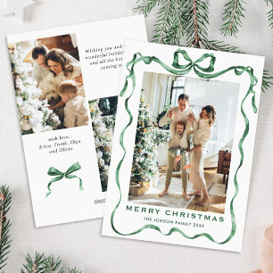 Festive Christmas Sage Green Bow Ribbon 3 Photo Holiday Card