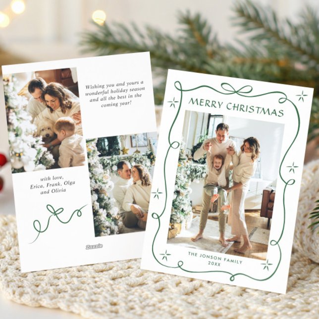 Festive Christmas Sage Green Bow Ribbon 3 Photo Holiday Card (Creator Uploaded)