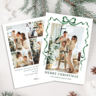 Festive Christmas Sage Green Bow Ribbon 5 Photo Holiday Card