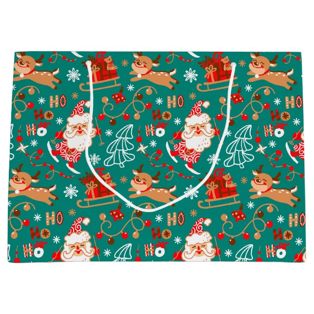 Festive Christmas Santa and Reindeer Large Gift Bag (Front)