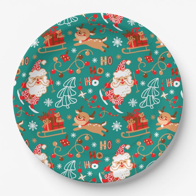 Festive Christmas Santa and Reindeer Paper Plate (Front)