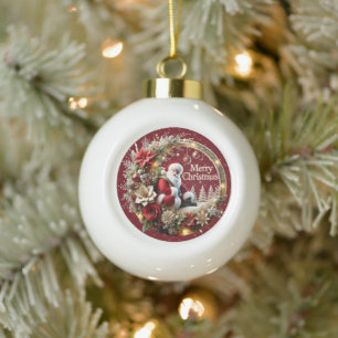 Festive Christmas Santa Claus and Elegant Floral Ceramic Ball Christmas Ornament