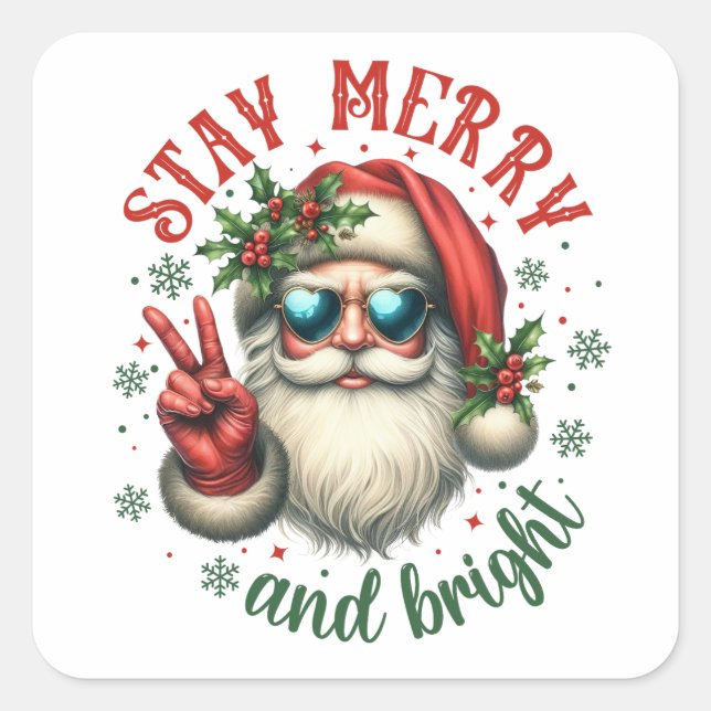Festive Christmas Santa Merry Bright Square Sticker (Front)