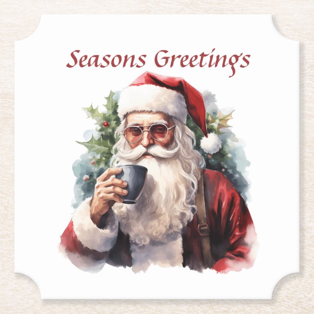 Festive Christmas Santa watercolor Paper Coaster (Front)