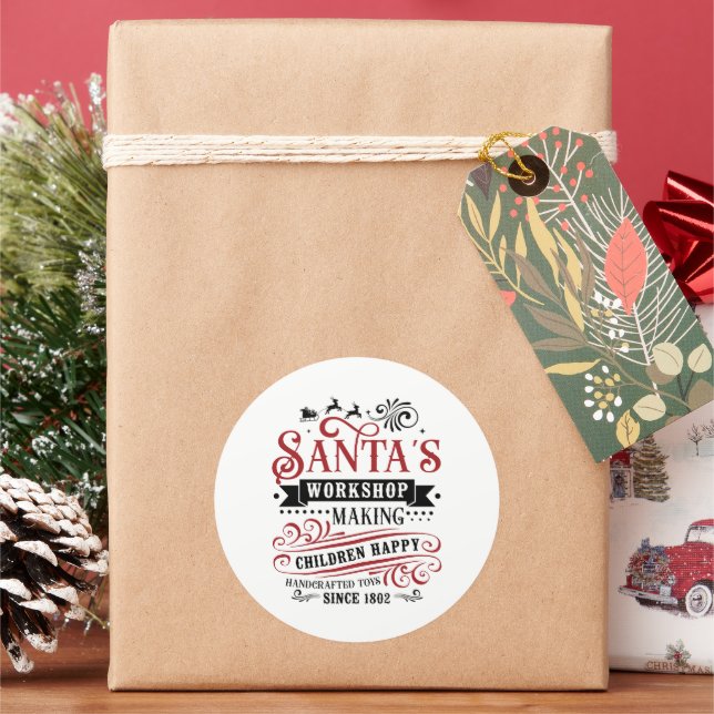 Festive Christmas Santa's Workshop  Classic Round Sticker (Holiday)