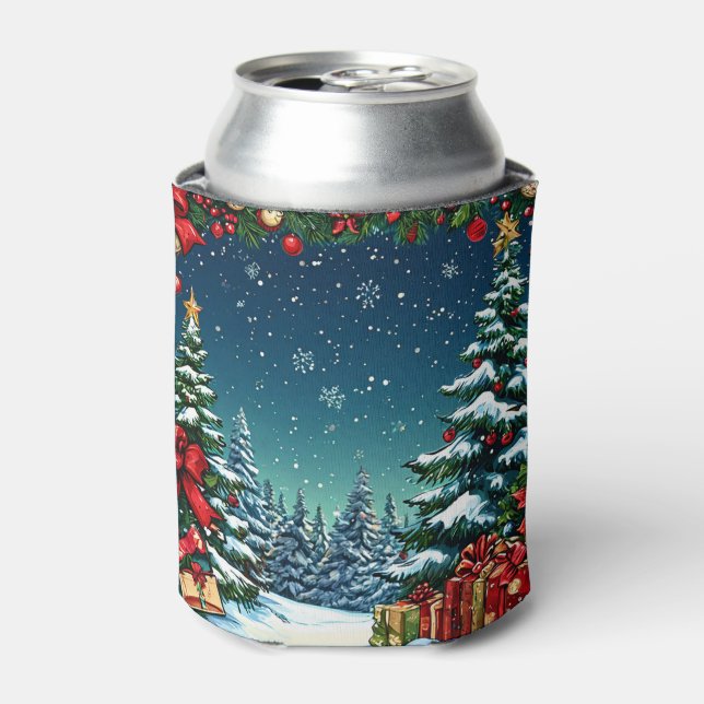Festive Christmas Scene with Snowy Trees Can Cooler (Can Front)