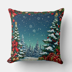 Festive Christmas Scene with Snowy Trees Cushion