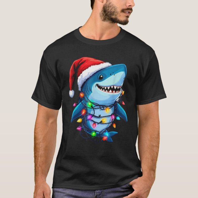 Festive Christmas Shark Santa Hat Holiday Lights F T-Shirt (Front)