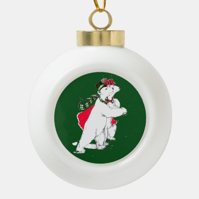 Festive Christmas Skating Polar Bear Wildlife Ceramic Ball Christmas Ornament (Front)