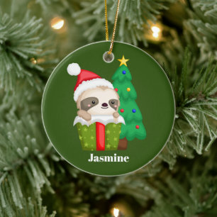 Festive Christmas sloths Holiday add name Ceramic Tree Decoration