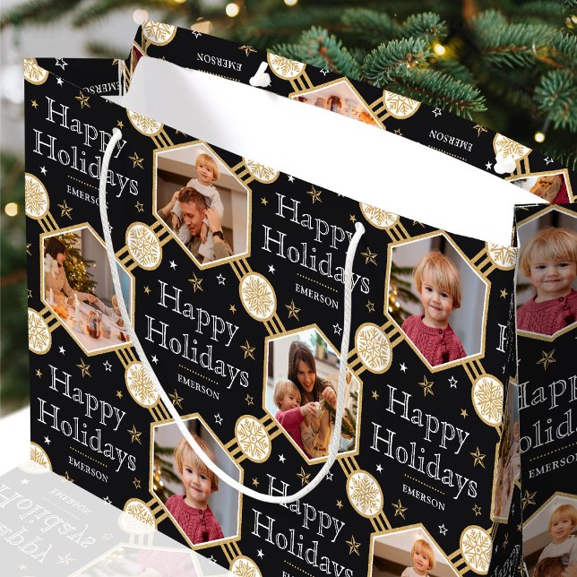 Festive Christmas Snowflake Photo Classic Black Large Gift Bag (Creator Uploaded)