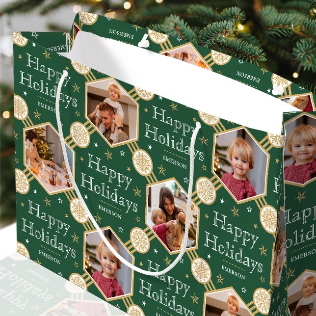 Festive Christmas Snowflake Photo Classic Green Large Gift Bag (Creator Uploaded)