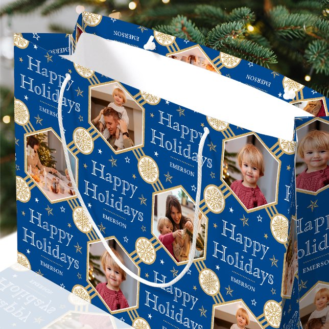Festive Christmas Snowflake Photo Traditional Blue Large Gift Bag (Creator Uploaded)