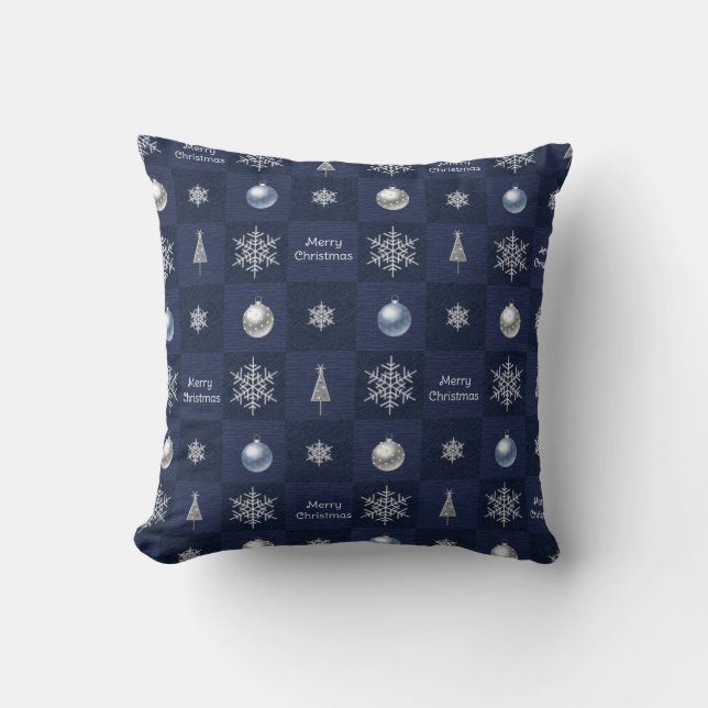 Festive Christmas Snowflakes, Ornaments and Trees Cushion (Front)
