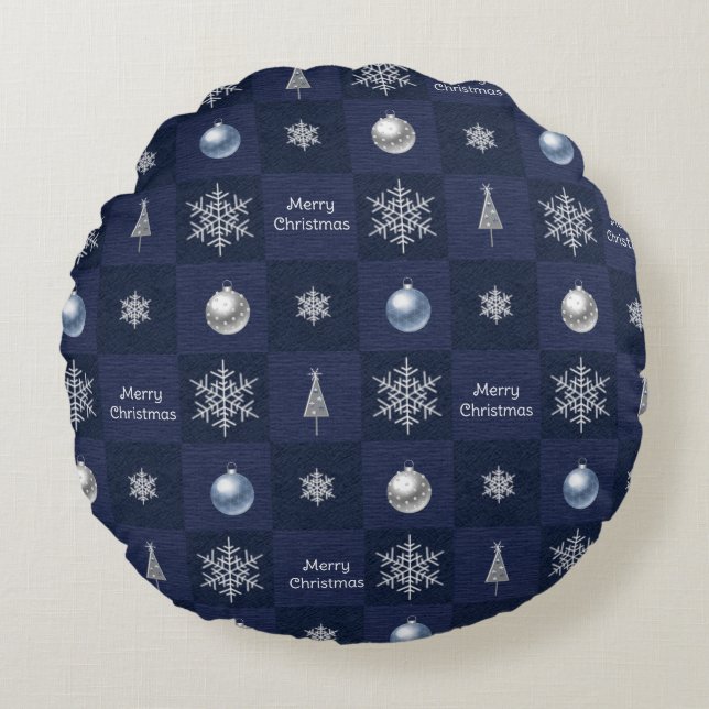 Festive Christmas Snowflakes, Ornaments and Trees Round Cushion (Front)