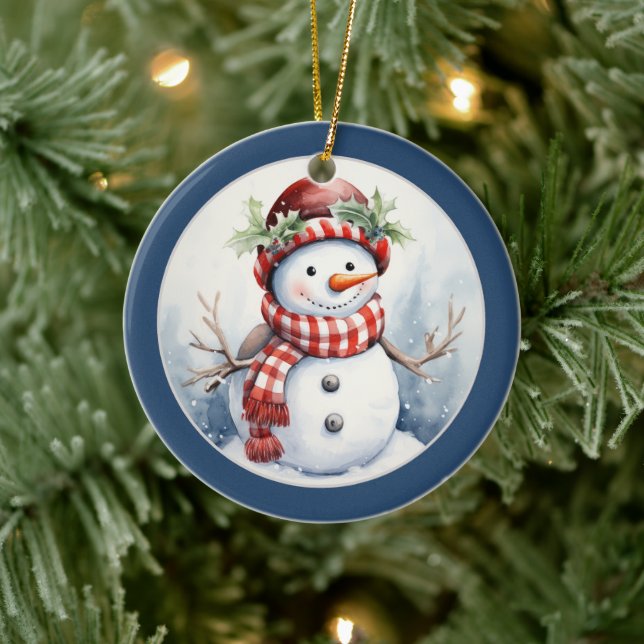 festive Christmas snowman add date message Ceramic Tree Decoration (Tree)