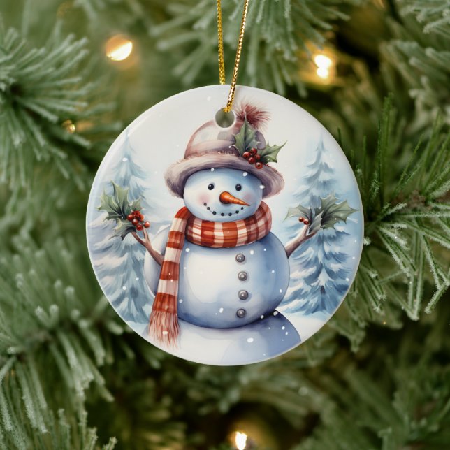 festive Christmas snowman add message Ceramic Tree Decoration (Tree)
