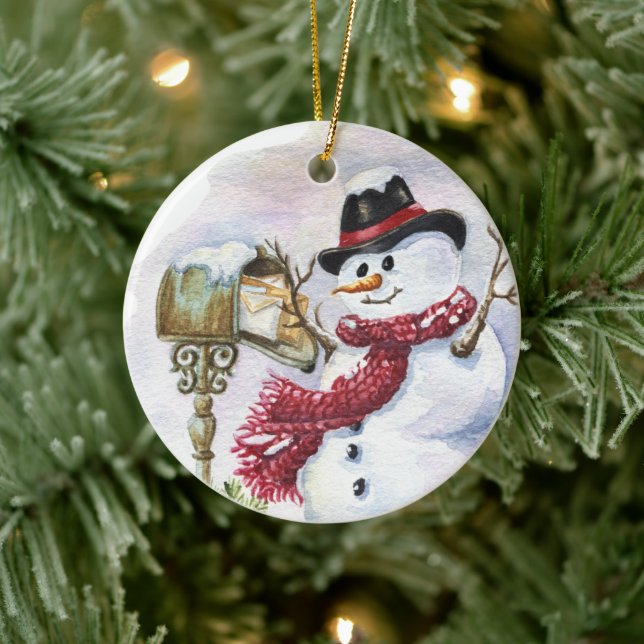 festive Christmas snowman add text  Ceramic Tree Decoration (Tree)