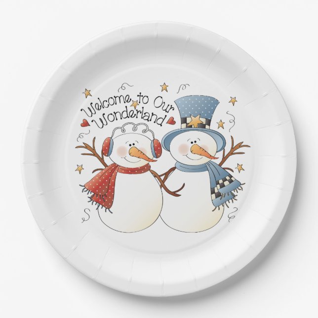 Festive Christmas snowman couple party Paper Plate (Front)