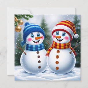 Festive Christmas Snowmen in the Winter Forest Holiday Card