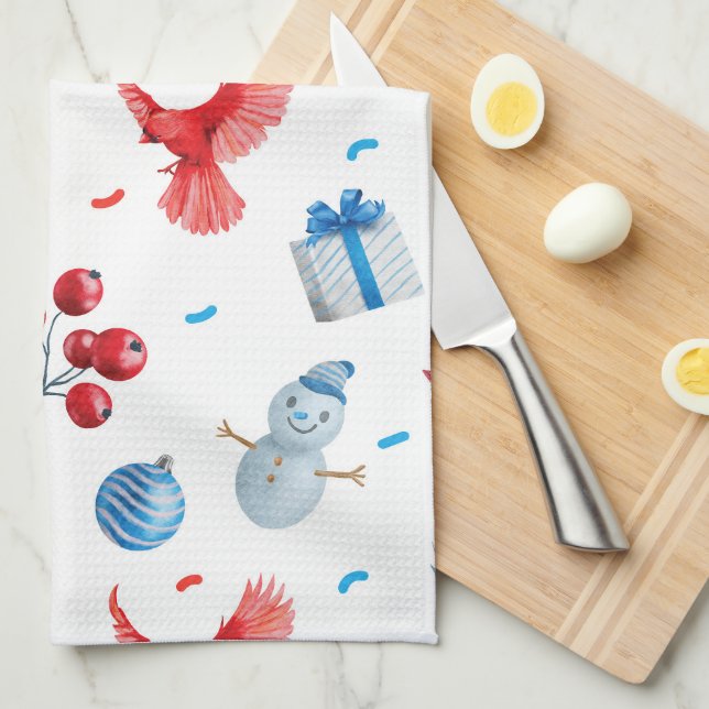 Festive Christmas Snowmen Red Cardinals Ornaments  Tea Towel (Quarter Fold)