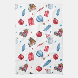 Festive Christmas Snowmen Red Ornaments Houses Tea Towel
