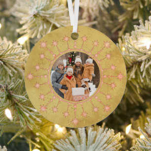 Festive Christmas Star: Pink and Gold Photo Metal Tree Decoration