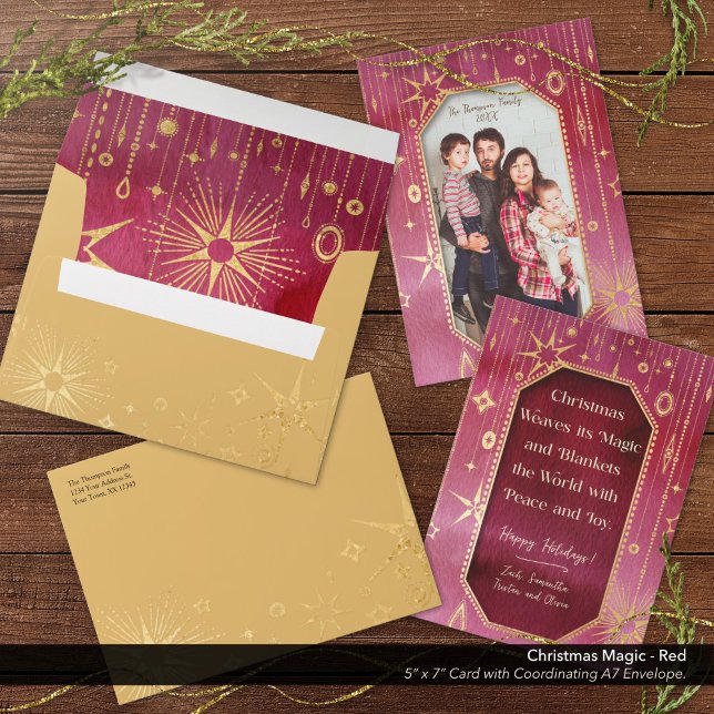 Festive Christmas Star: Red and Gold Holiday Envelope (Christmas Magic Red Gold Stars Holiday A7/5"x7" Envelope Shown with Matching Photo Card.)