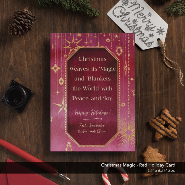 Festive Christmas Star: Red and Gold Photo Holiday Card (Christmas Magic Red Gold Stars Holiday Card)