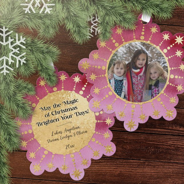Festive Christmas Star: Red and Gold Photo Tree Decoration Card (Christmas Magic Red, Pink, and Gold Photo Ornament Card)