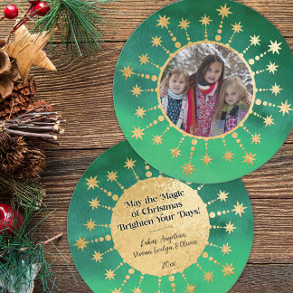 Festive Christmas Stars: Green and Gold Holiday Card