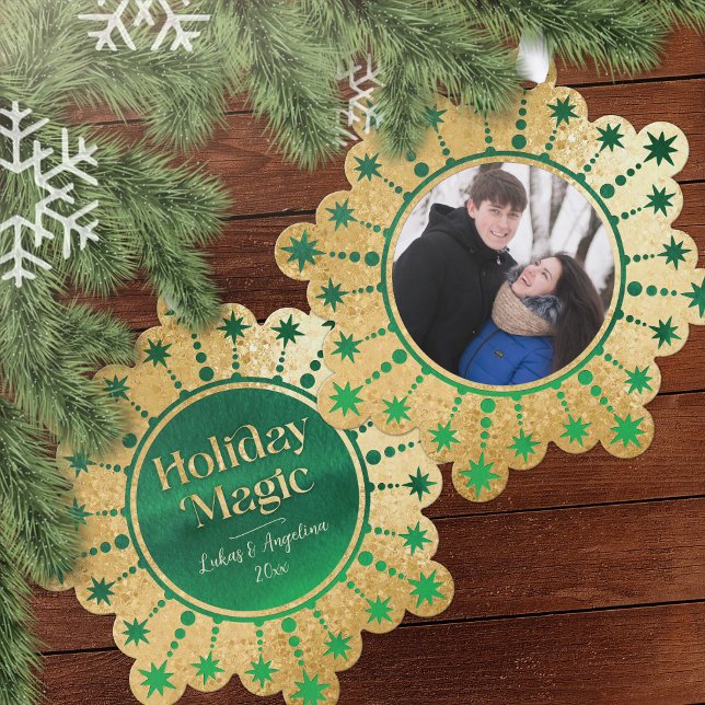 Festive Christmas Stars: Green and Gold Tree Decoration Card (Holiday Magic Green and Gold Photo Ornament Card)