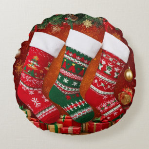 Festive Christmas Stockings Hanging Above Holiday Round Cushion