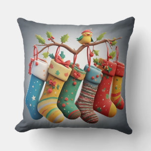 Festive Christmas Stockings Hung with Holly Cushion