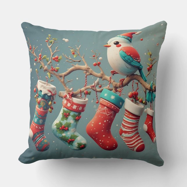 Festive Christmas Stockings Hung with Holly Cushion (Front)