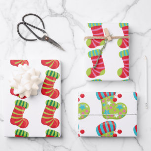 Festive Christmas stockings on white patterns Wrapping Paper Sheet