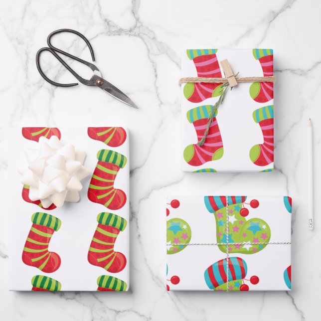 Festive Christmas stockings on white patterns Wrapping Paper Sheet (Front)