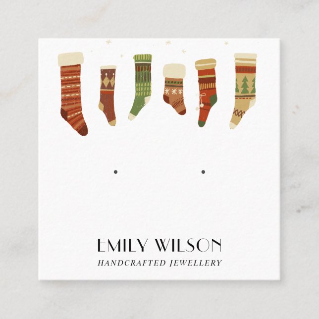 FESTIVE CHRISTMAS STOCKINGS STUD EARRING DISPLAY SQUARE BUSINESS CARD (Front)
