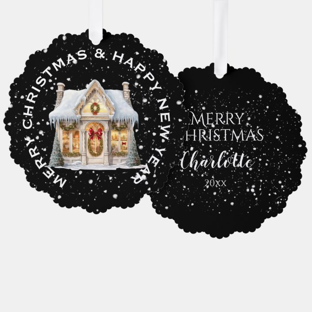 FESTIVE CHRISTMAS STOREFRONT in SNOW PERSONALIZED Tree Decoration Card (Front/Back)
