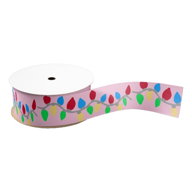 Festive Christmas String Lights on Pink Grosgrain Ribbon (Spool)