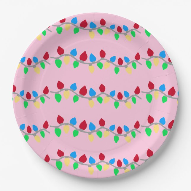 Festive Christmas String Lights on Pink Paper Plate (Front)