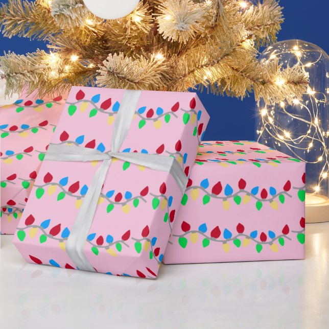 Festive Christmas String Lights on Pink Wrapping Paper (Holidays)