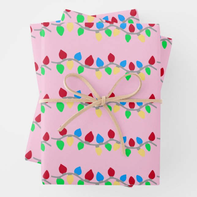 Festive Christmas String Lights on Pink Wrapping Paper Sheet (In situ)
