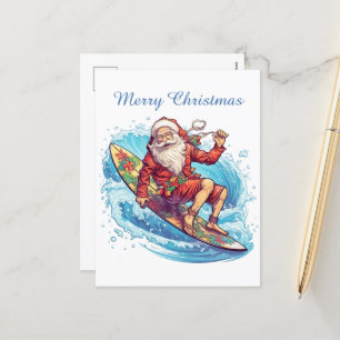 Festive Christmas surfing Santa add text Holiday Postcard