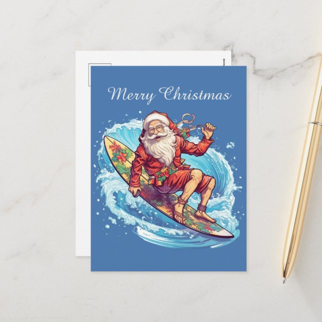 Festive Christmas surfing Santa add text Holiday Postcard (Front/Back In Situ)
