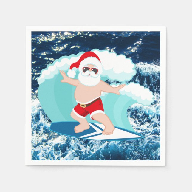 Festive Christmas Surfing Santa Beach   Napkin (Front)