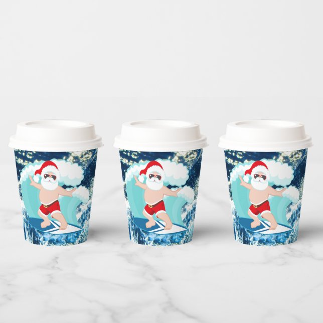 Festive Christmas Surfing Santa Beach   Paper Cups (Multi)