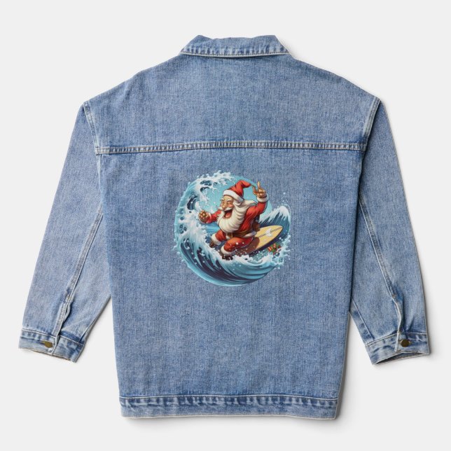 Festive Christmas Surfing Santa Denim Jacket (Back)